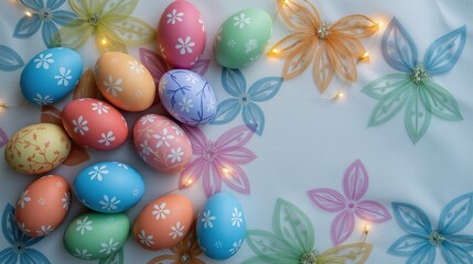 Fototapeta premium Pastel Easter eggs with floral patterns and lights.