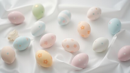  Minimal pastel Easter eggs on soft white fabric.