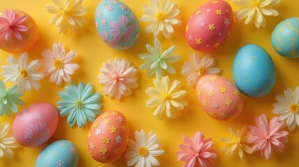 Fototapeta premium Pastel Easter eggs with daisies on a yellow background.