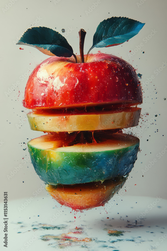 Poster a surreal floating apple, split into layers with each layer hovering separately, revealing vibrant g