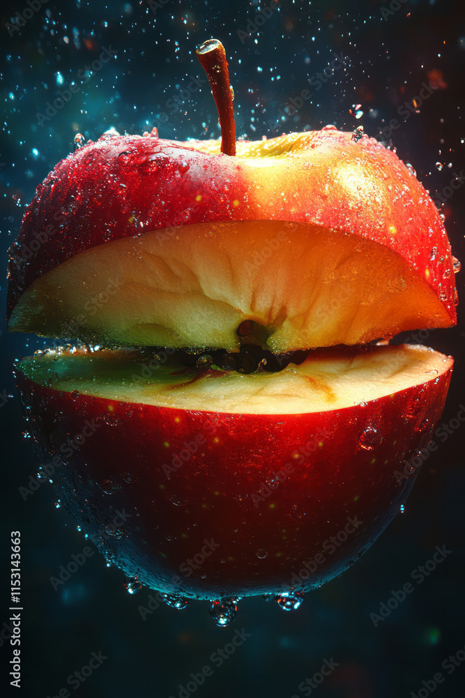Poster a surreal floating apple, split into layers with each layer hovering separately, revealing vibrant g