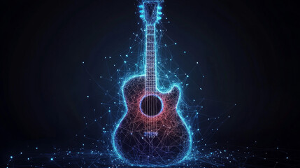 The guitar is composed of points, lines and triangles. The polygon shape in the form of a silhouette of a guitar on a dark background. Vector illustration