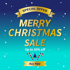 Merry Christmas Sale Promotion Poster or banner with Up to 50% off, Christmas element for Retail, Shopping or Christmas Promotion in Blue and gold style. 50% Discount. Special Offer. Buy Now.
