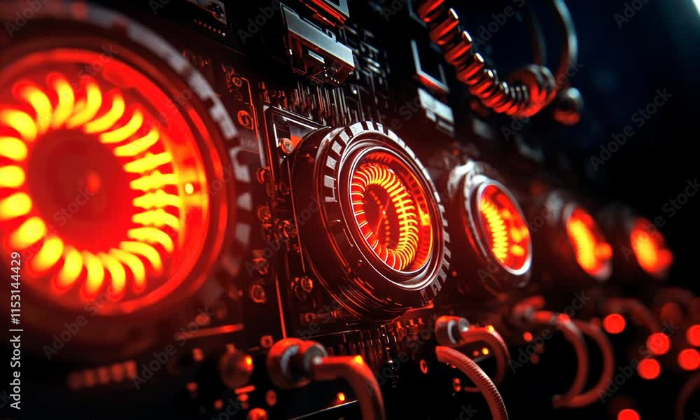 Poster close-up view of glowing red circuits and complex machinery, showcasing modern technology and intric