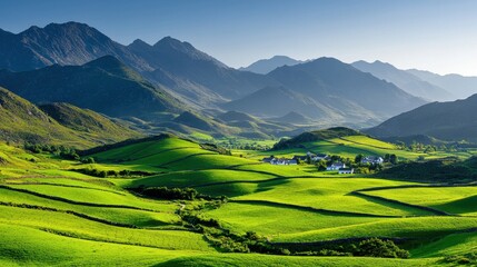 Serene Landscape of Rolling Green Hills with Mountains Under Clear Blue Sky