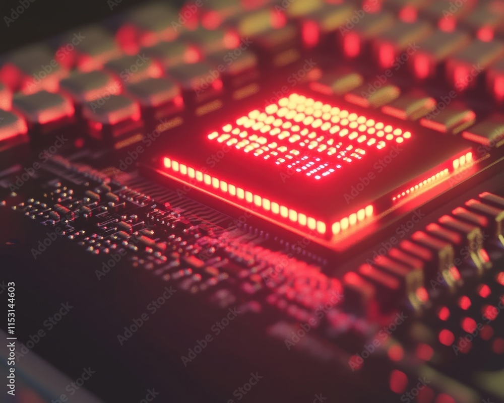 Poster close-up view of a circuit board showcasing a glowing microchip in vibrant red lights.