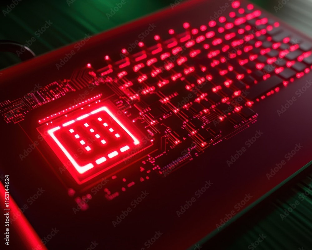 Poster a close-up view of a futuristic keyboard illuminated by striking red led lights, set against a dark 
