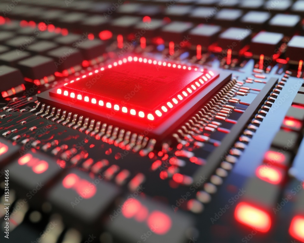 Aufkleber close-up view of a glowing microchip with red lights, symbolizing advanced technology and innovation