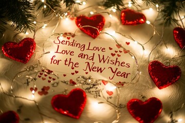 A romantic scene with Sending Love and Best Wishes for the New Year written in a heartfelt script