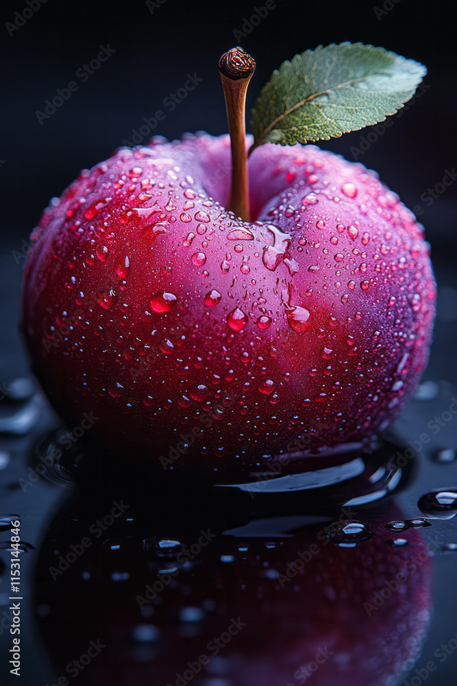 Poster a plum resting on a mirror, its surface covered in tiny droplets of dew, reflecting its deep purple 