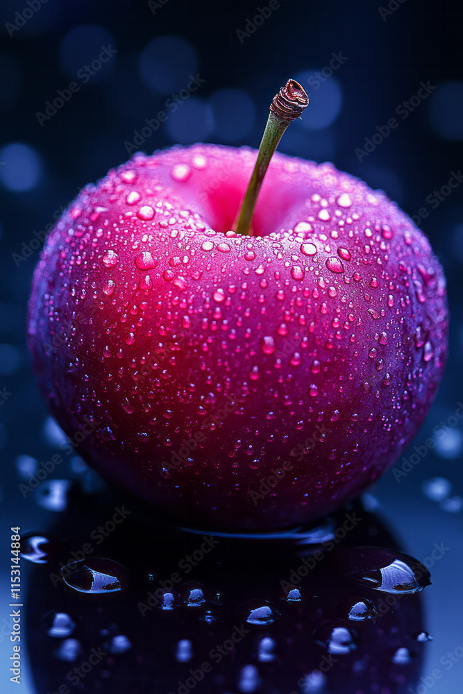 Poster a plum resting on a mirror, its surface covered in tiny droplets of dew, reflecting its deep purple 