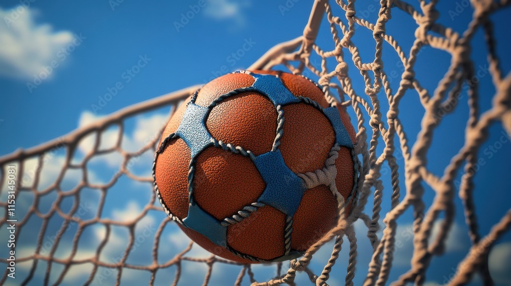 Poster a close-up view of a handball stuck in a goal net, showcasing its textured surface and vibrant color