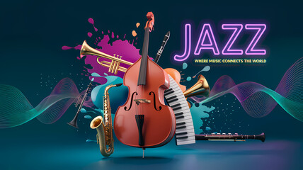 Jazz-themed card featuring lively instruments and glowing elements