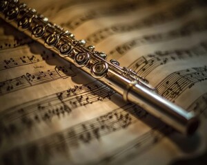 A silver flute rests elegantly on sheet music, capturing the artistry of music in a warm, inviting light.