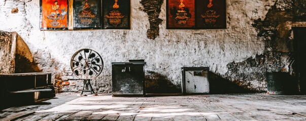 A rustic interior featuring old furniture and wall art in a weathered setting.