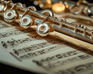 Obraz premium Close-up of a silver flute resting on music sheets, highlighting the instrument's intricate details and the elegance of music.