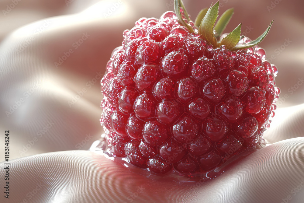 Poster a raspberry crafted from clusters of rubies, sparkling under direct light,