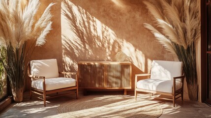 Sunlit patio with pampas grass, wooden chairs, and cabinet.