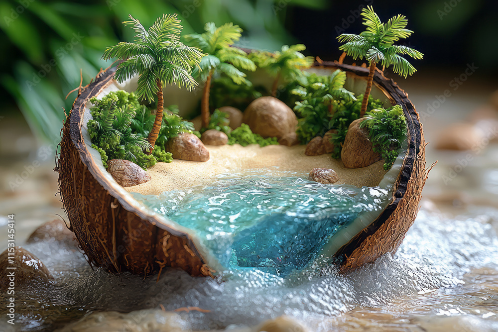 Poster a coconut split open, revealing a miniature beach scene inside, complete with tiny palm trees and cr