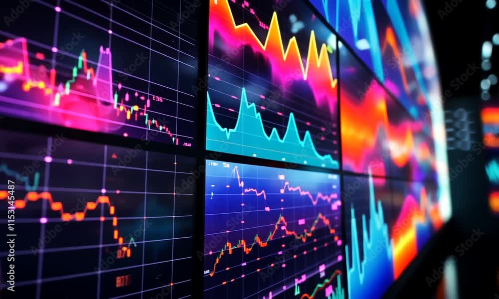 Poster vibrant data visualization with colorful graphs and charts, showcasing trends and statistics in a mo