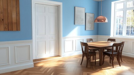 Sunny dining room with wooden table, chairs, and blue walls.
