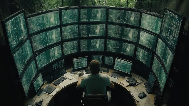 Man monitoring multiple screens in a control room. - Powered by Adobe