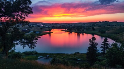 Obraz premium A serene sunset over a calm lake, reflecting vibrant colors and surrounded by hills and trees.