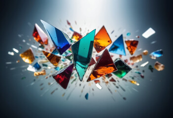 blurred background of broken colorful pieces of glass turned at different angles, flying in space, reflecting glare of light