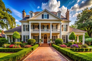 Grand Southern Mansion: Sprawling Courtyard & Enormous Porch - Stock Photo