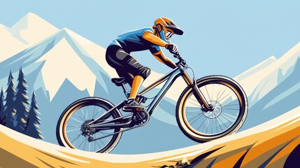 Naklejka premium A young male cyclist, wearing an orange helmet, skillfully navigating a mountain trail against a scenic backdrop.