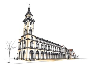 Fototapeta premium Elegant Town Hall Illustration: Detailed Architectural Sketch. AI Generated