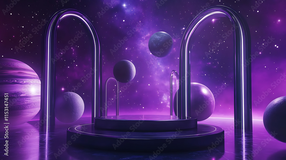 Poster dreamy abstract background display of cosmic spheres in a futuristic setting with ethereal elements