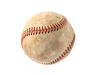 Well used of old worn baseball isolated on white background.