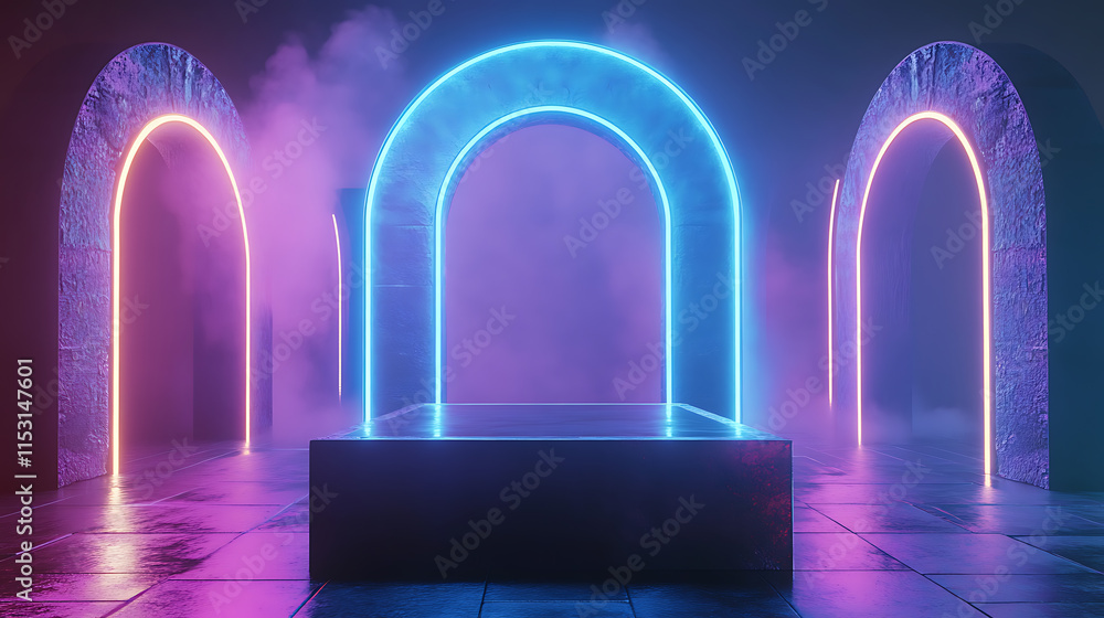 Poster dreamy abstract display of neon arches in a mystical background environment
