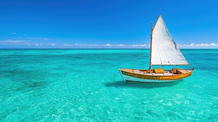 Tranquil sailboat gliding across crystal clear turquoise water under bright blue sky