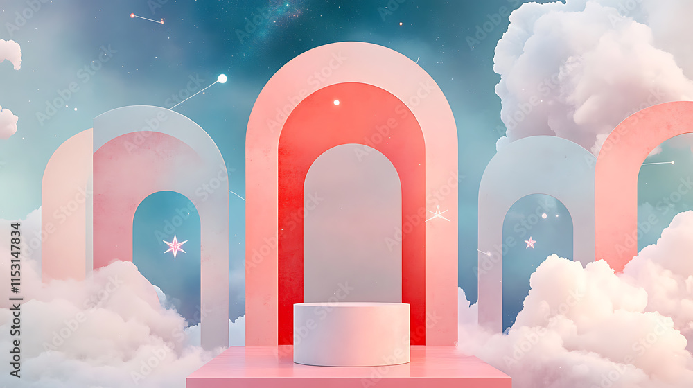 Aufkleber dreamy abstract display background with arches and clouds creative concept digital art environment
