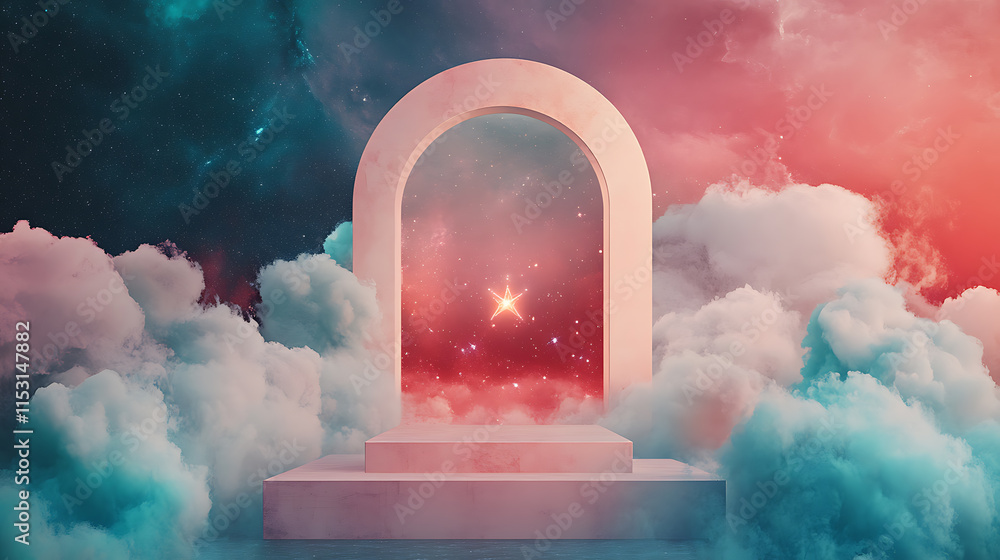 Poster dreamy abstract display of a blank background portal surrounded by clouds ethereal environment cosmi