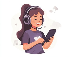 A cheerful young girl with dark hair enjoys music on her smartphone while wearing headphones, radiating joy.