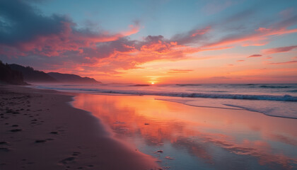 Naklejka premium Calming beach sunset with a gradient of warm, soothing colors, peaceful and serene atmosphere