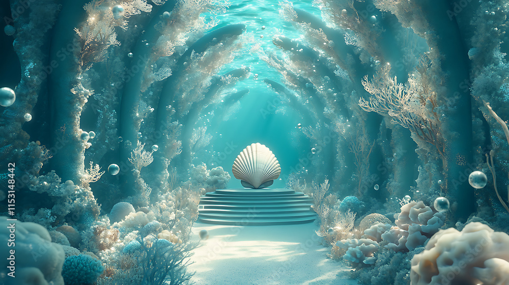 Poster dreamy underwater scene with abstract coral background displaying a shell nature environment etherea