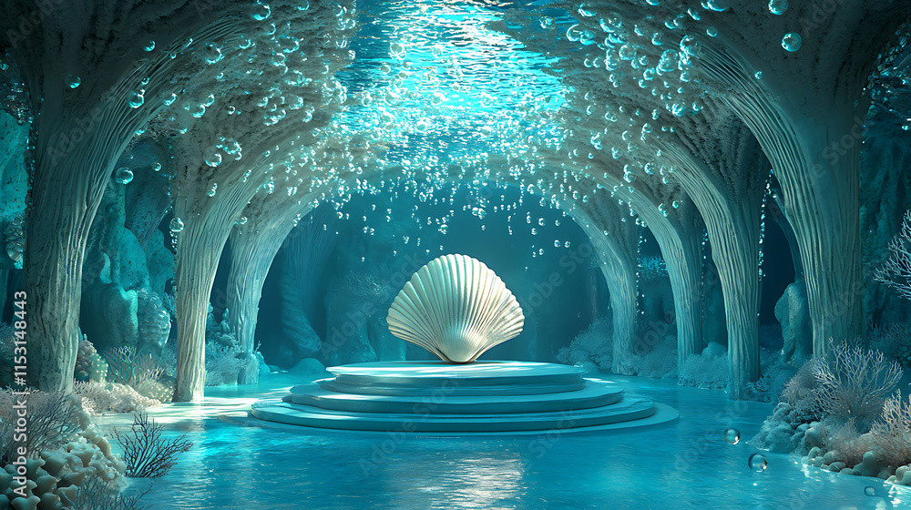 Poster dreamy abstract shell display in underwater background enchanting scene ocean environment ethereal v