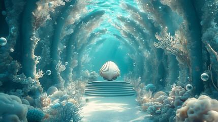 Dreamy underwater scene with abstract coral background displaying a shell nature environment ethereal viewpoint