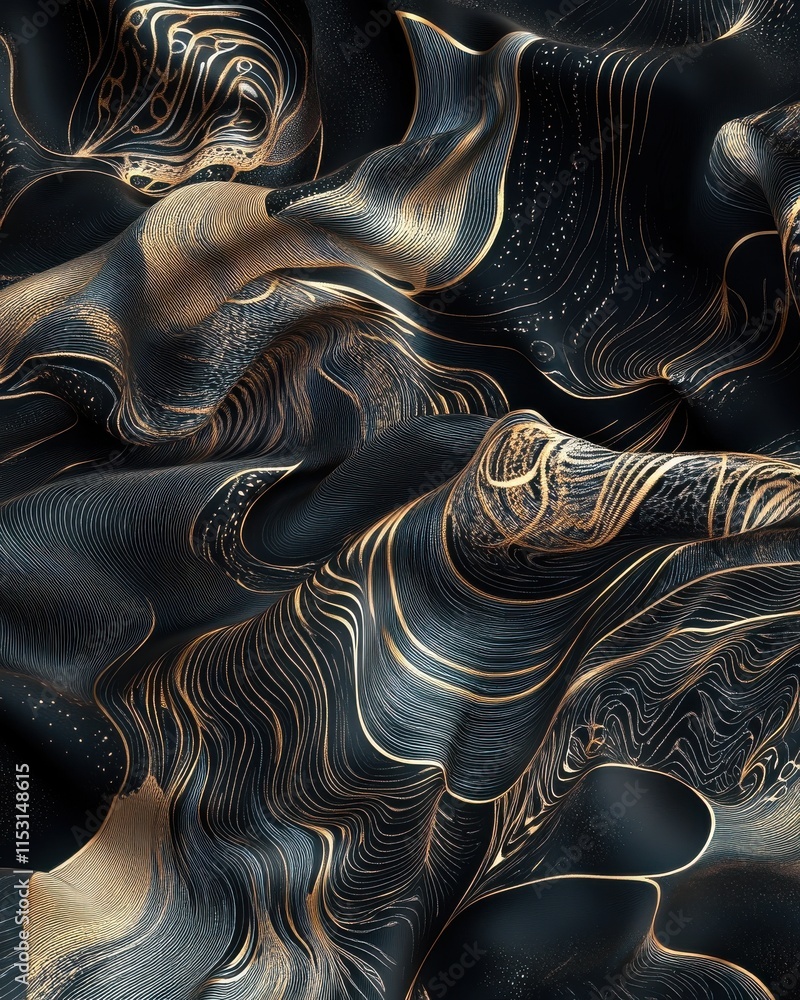 Poster abstract waves of black and gold fabric capture light, creating a luxurious and dynamic texture perf