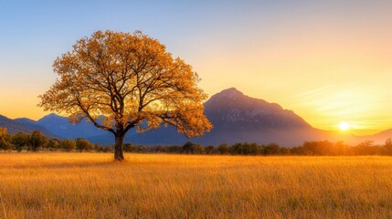 Majestic autumn landscape with golden tree and mountain views at sunrise