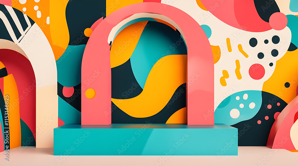 Poster dreamy abstract display background with colorful arches creative environment art installation