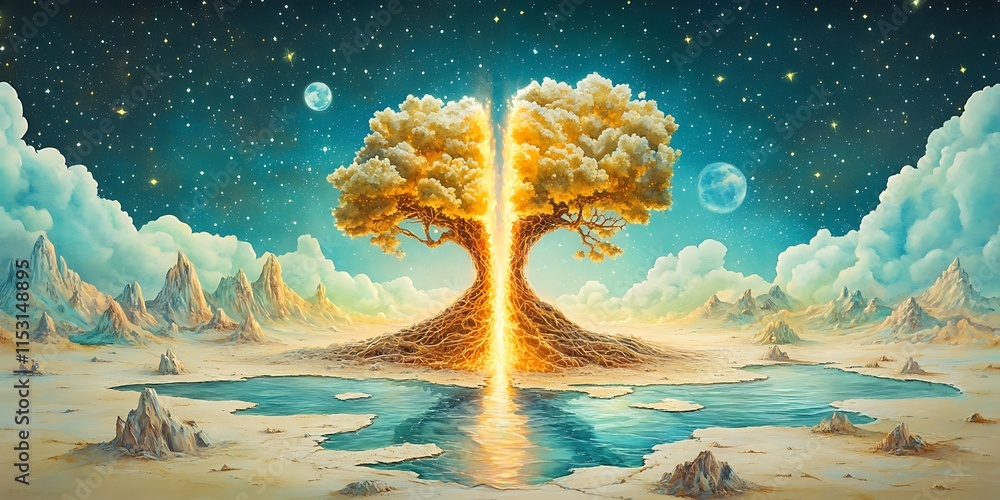 Poster fantasy parallel worlds, fantasy world with unique tree and celestial elements