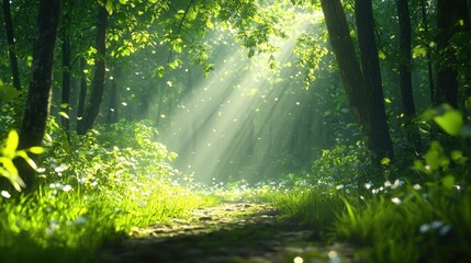Obraz premium Serene Sunlight Filtering Through Lush Green Foliage in a Tranquil Forest Path