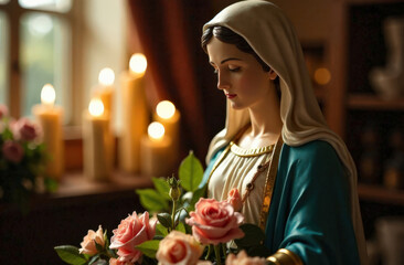 Serene figurine of saint mary with roses in candlelit ambiance © annmelnikova