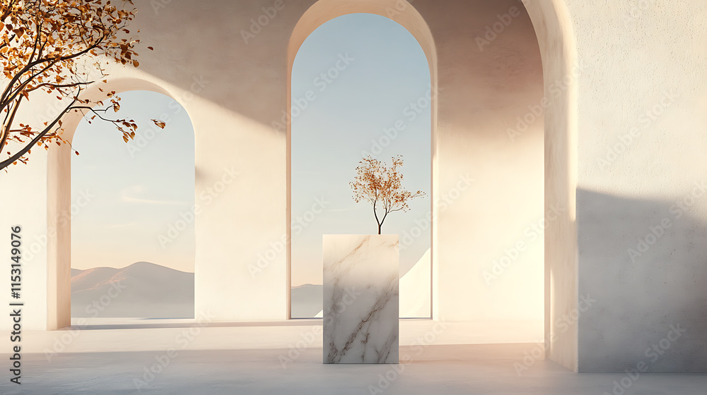 Poster abstract dreamy background display of a marble structure with tree modern architecture minimalist en
