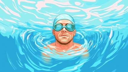 Naklejka premium A young Caucasian man in a swimming cap and goggles, floating serenely in a vibrant blue pool.